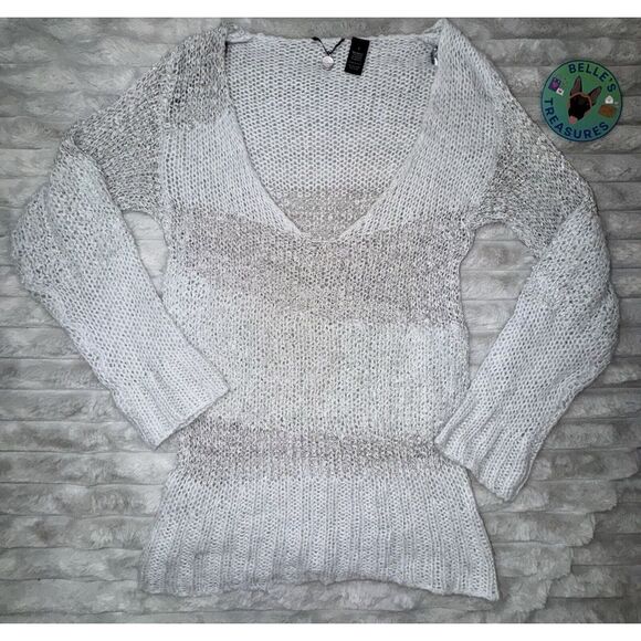 BKE Boutique Women's Large Gray Mohair Metallic Shimmer Open Knit Sweater - Picture 1 of 6